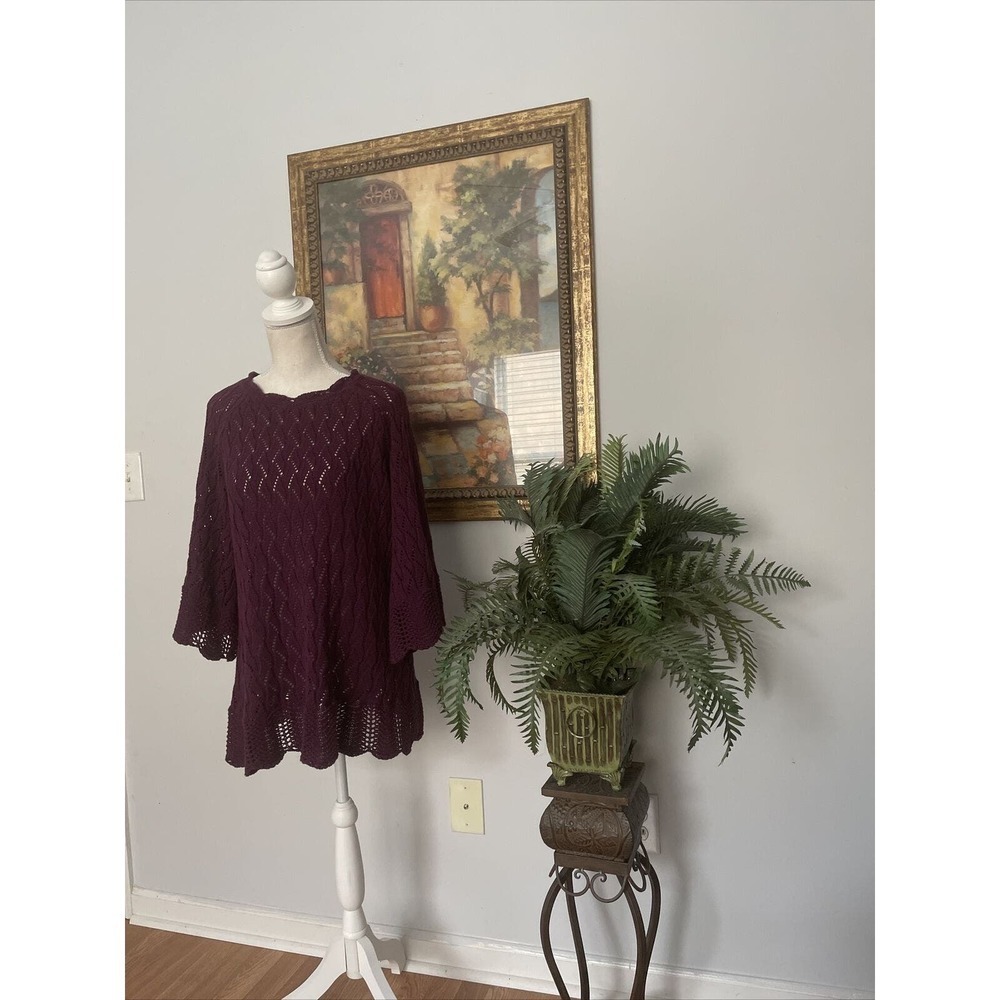Women Wine Burgundy Knit Sweater‎ Bell 3/4 Sleeve Collarless